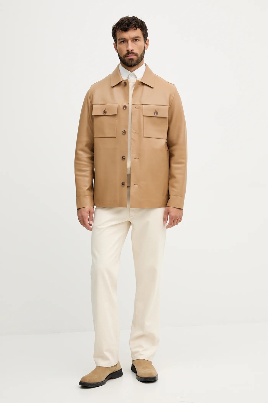 Кожаная куртка BOSS цвет зелёный демисезонная 50543222