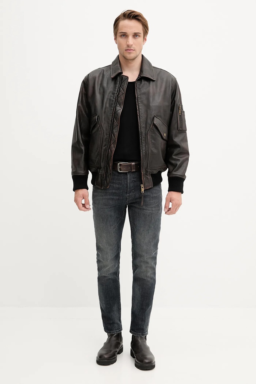 Кожаная куртка HUGO цвет коричневый переходная 50541865