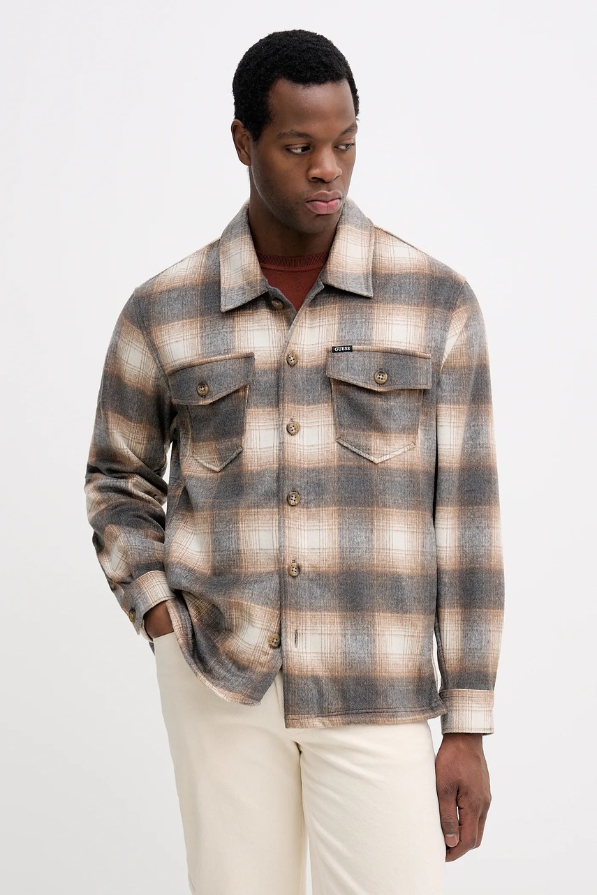 Levně Košile s příměsí vlny Guess béžová barva, regular, s klasickým límcem, M5BH31 W2012