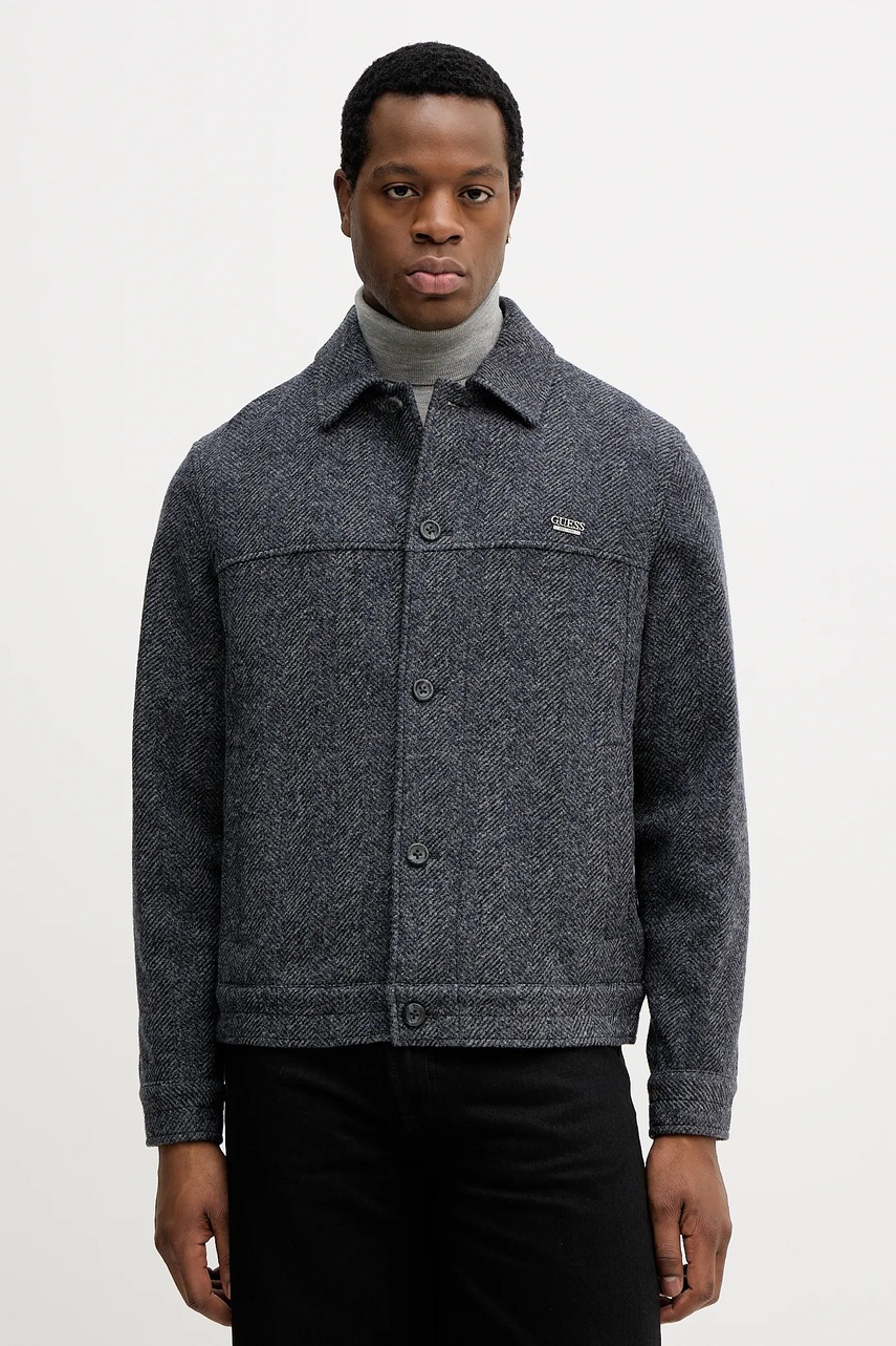 Levně Bunda s příměsí vlny Guess HERRINGBONE šedá barva, M5BH88 KA680
