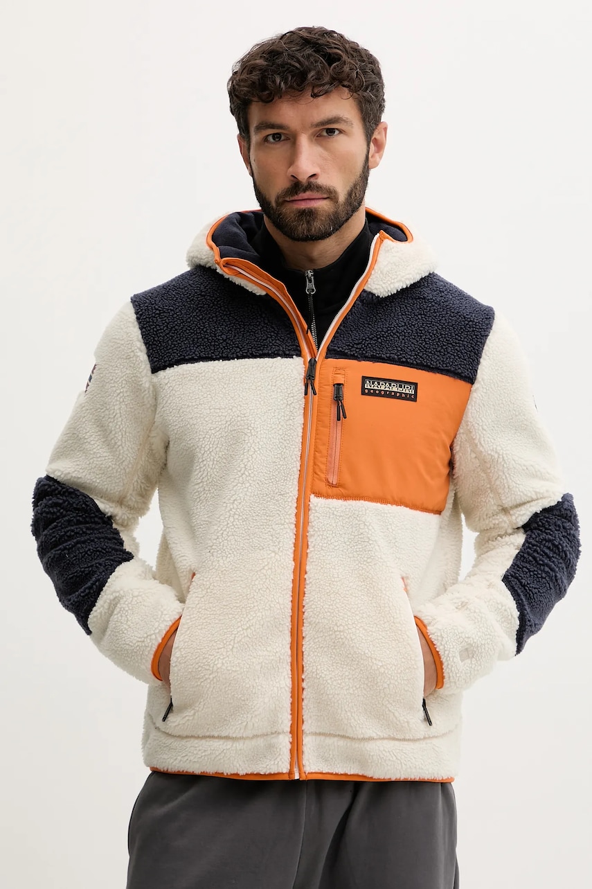 Napapijri hanorac fleece Yupik 3 culoarea bej, cu glugă, cu imprimeu, NP0A4GNSMM91 Napapijri hanorac fleece Yupik 3 culoarea bej, cu glugă, cu imprimeu, NP0A4GNSMM91