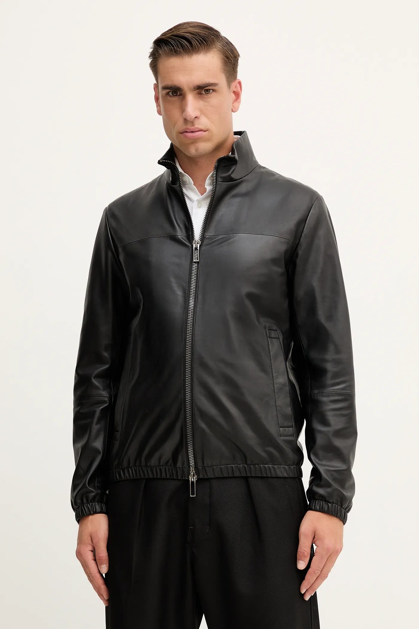 Levně Kožená bunda Emporio Armani černá barva, přechodná, 01R55P 01P54