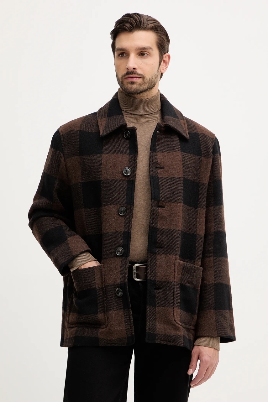 Levně Bunda s příměsí vlny Tommy Hilfiger hnědá barva, MW0MW40623