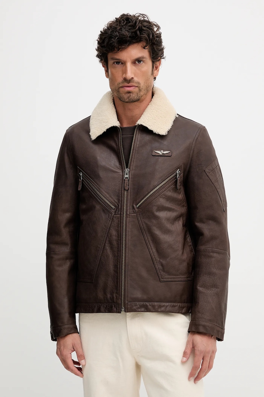 Aeronautica Militare geacă de piele culoarea maro, de tranziție, PN0960UPL00304