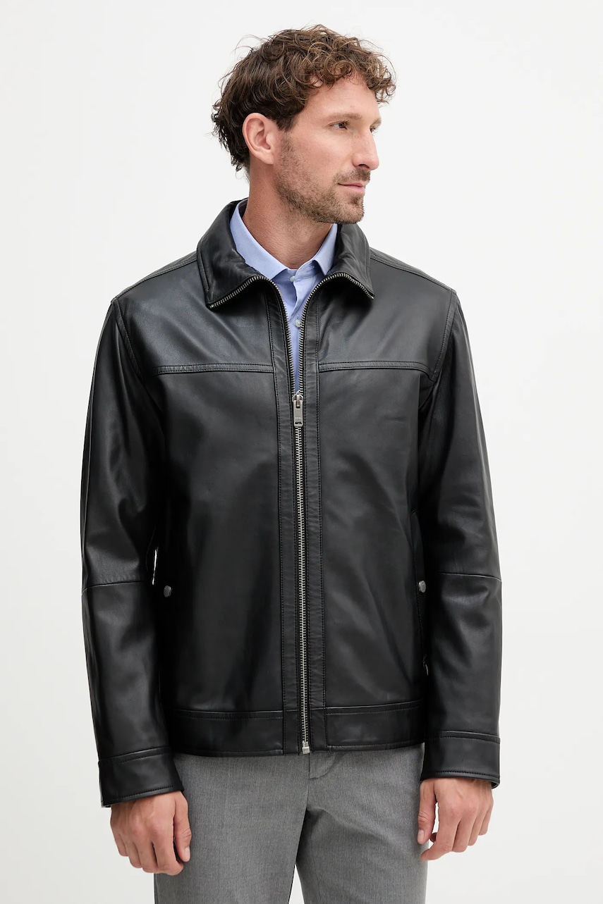 BOSS Orange geacă de piele culoarea negru, de tranzitie, 50547511