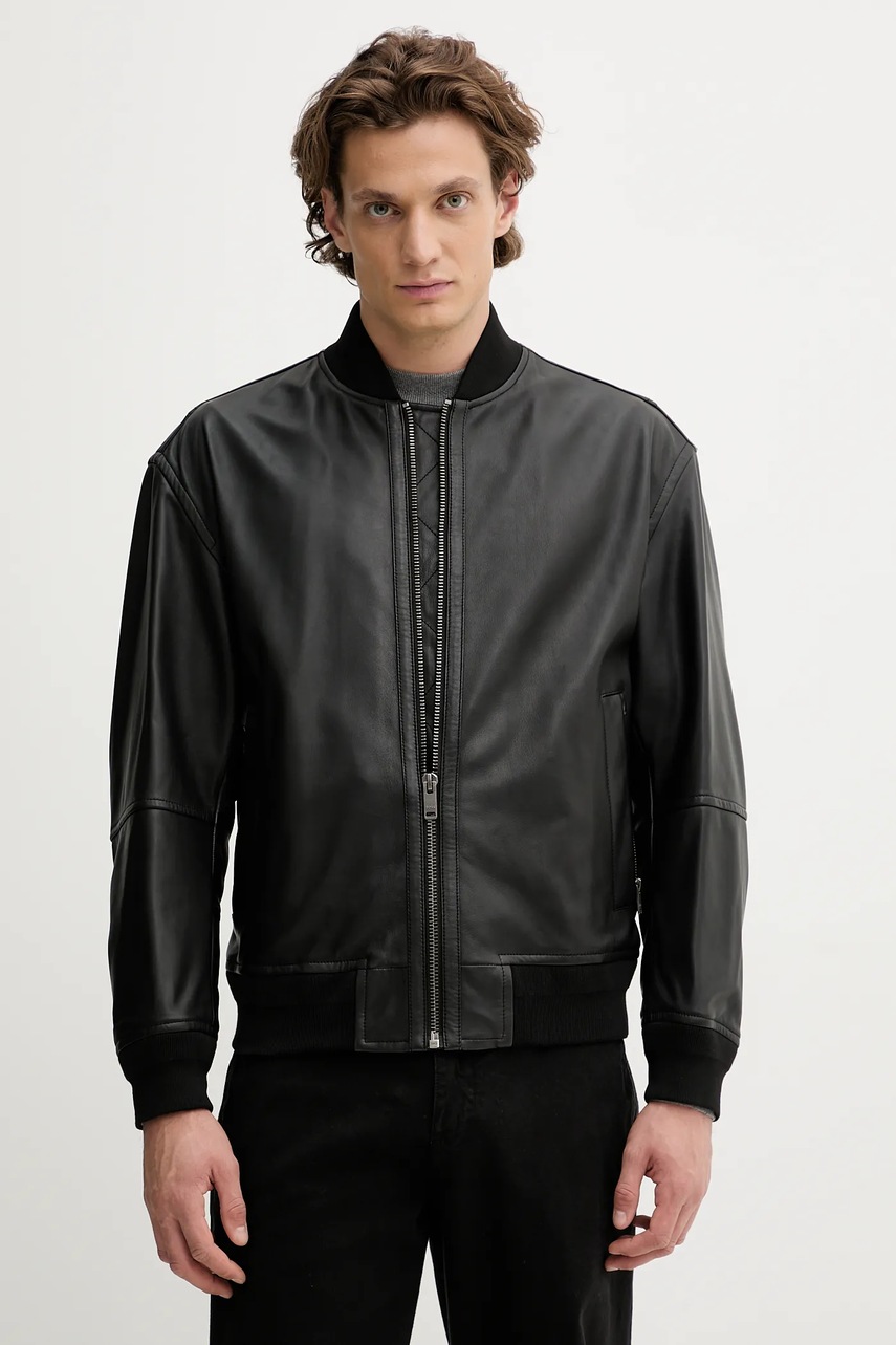 BOSS Orange geacă bomber de piele culoarea negru, de tranzitie, 50547545