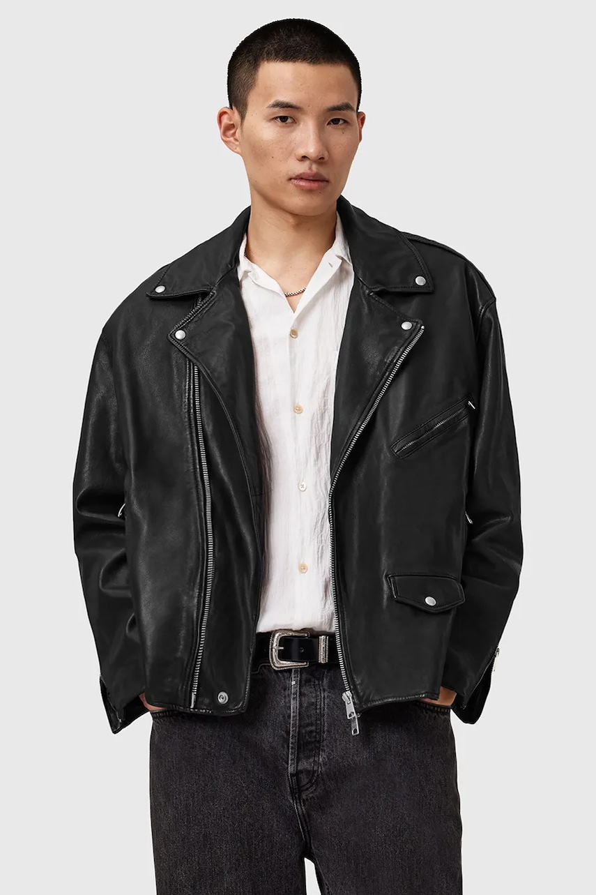 Levně Kožená bunda AllSaints BRADFORD černá barva, přechodná, M005LD