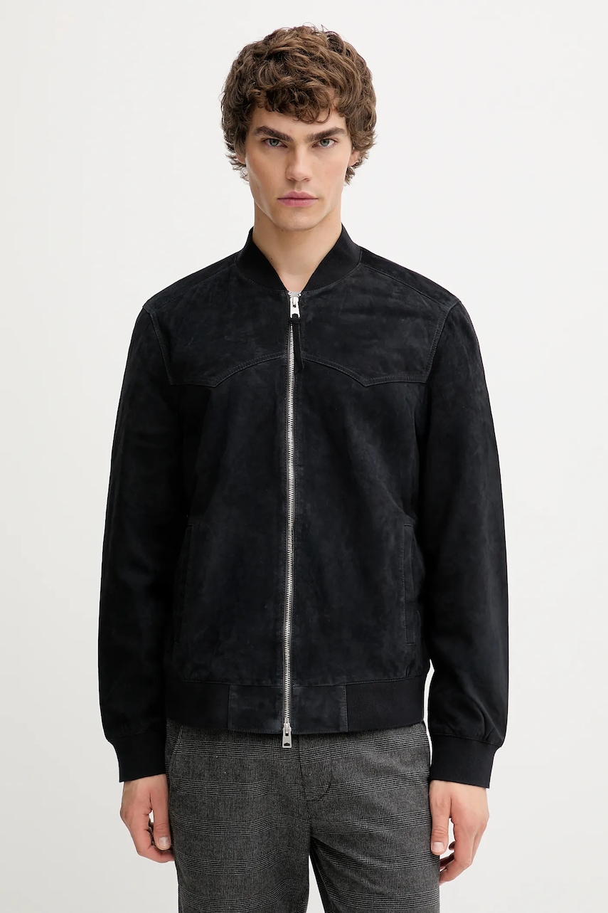 AllSaints jachetă bomber din piele întoarsă ZEALAND culoarea negru, de tranziție, M035LD