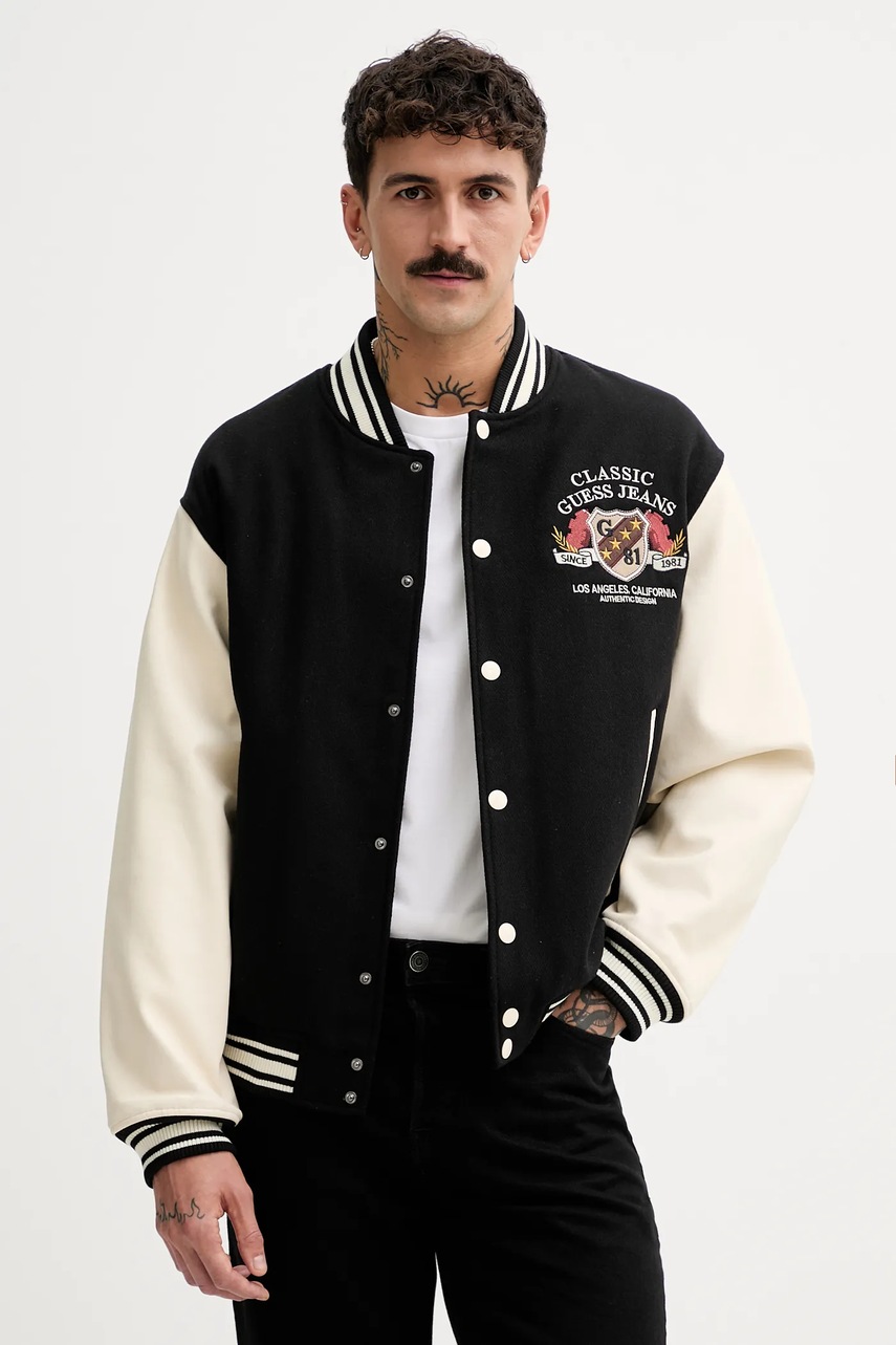 

Бомбър яке с вълна Guess Jeans в черно преходен модел M5BL1E WEI02, Черен