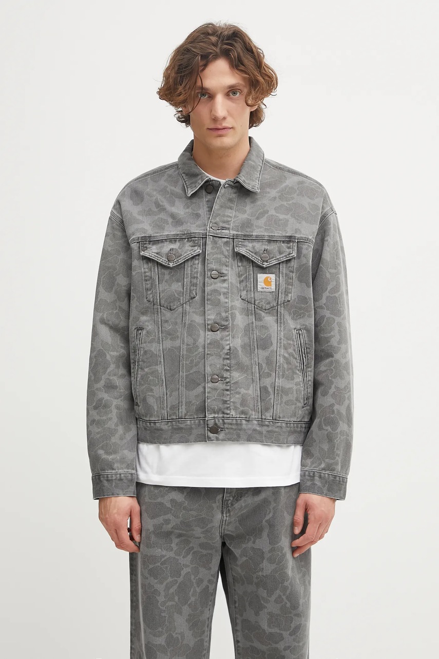 Džínová bunda Carhartt WIP Duck Helston Jacket šedá barva, přechodná, I033766.2I30H