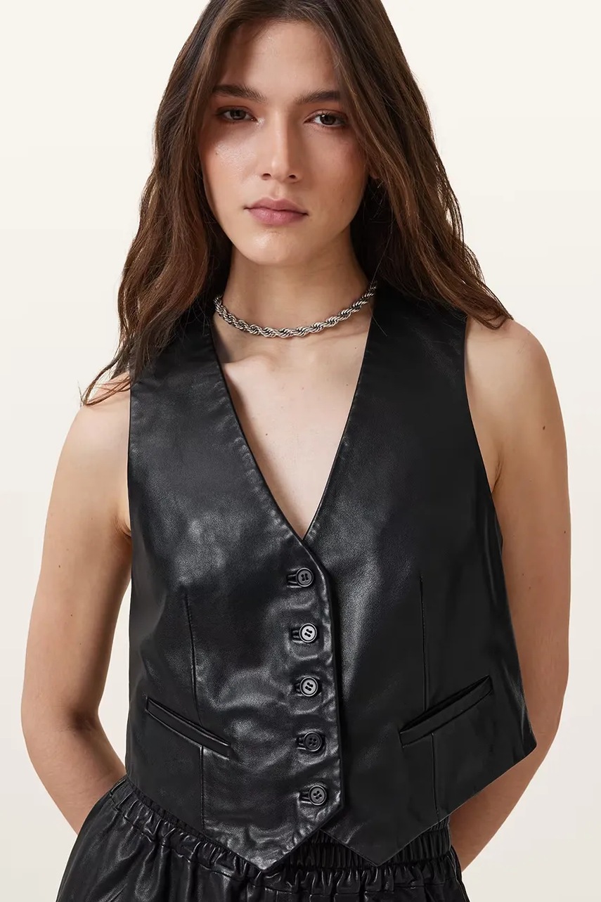 Кожаный жилет AllSaints ARLA цвет чёрный однобортный W124PC