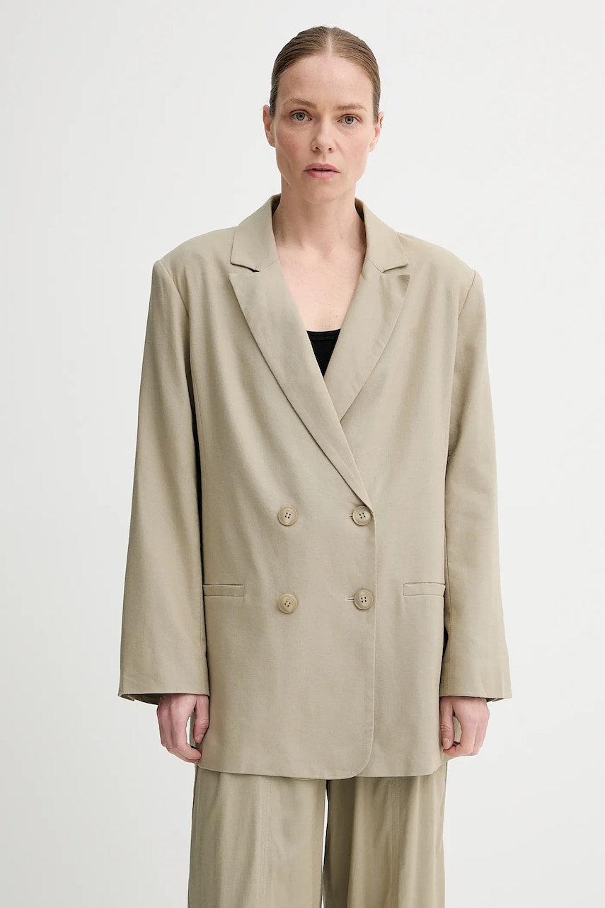 Gestuz blazer din amestec de in culoarea verde, cu doua randuri de nasturi, uni, 10910285