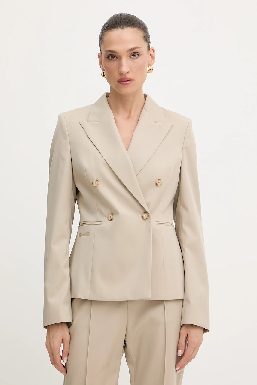 BOSS geacă de lână culoarea bej, cu două rânduri de nasturi, uni, 50543280