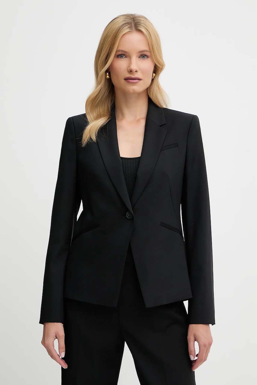 BOSS geacă de lână culoarea negru, un singur rand de nasturi, uni, 50546622