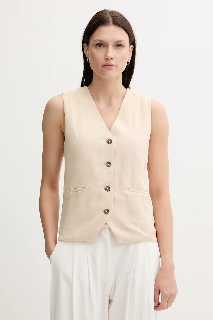 Pepe Jeans vestă cu amestec de in culoarea bej, un singur rand de nasturi, PL402603