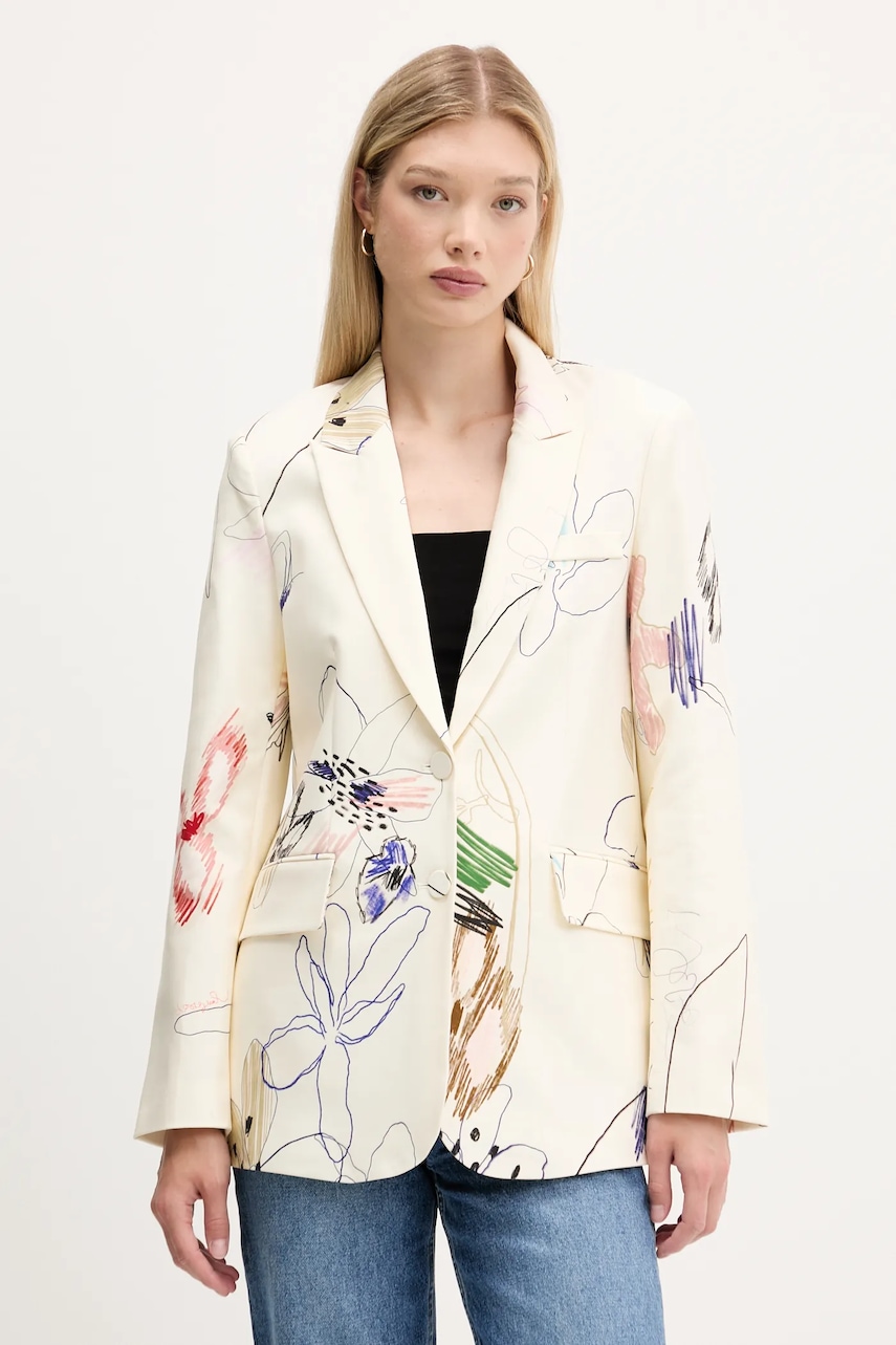 Desigual sacou ARTY culoarea bej, un singur rând de nasturi, cu imprimeu, 25WWEW21