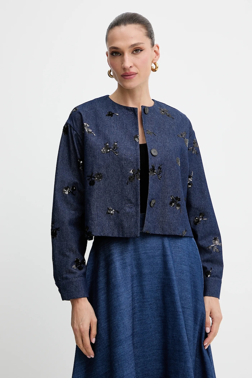 Marella jachetă denim Emme by Marella culoarea bleumarin, un singur rând de nasturi, 2525046111200