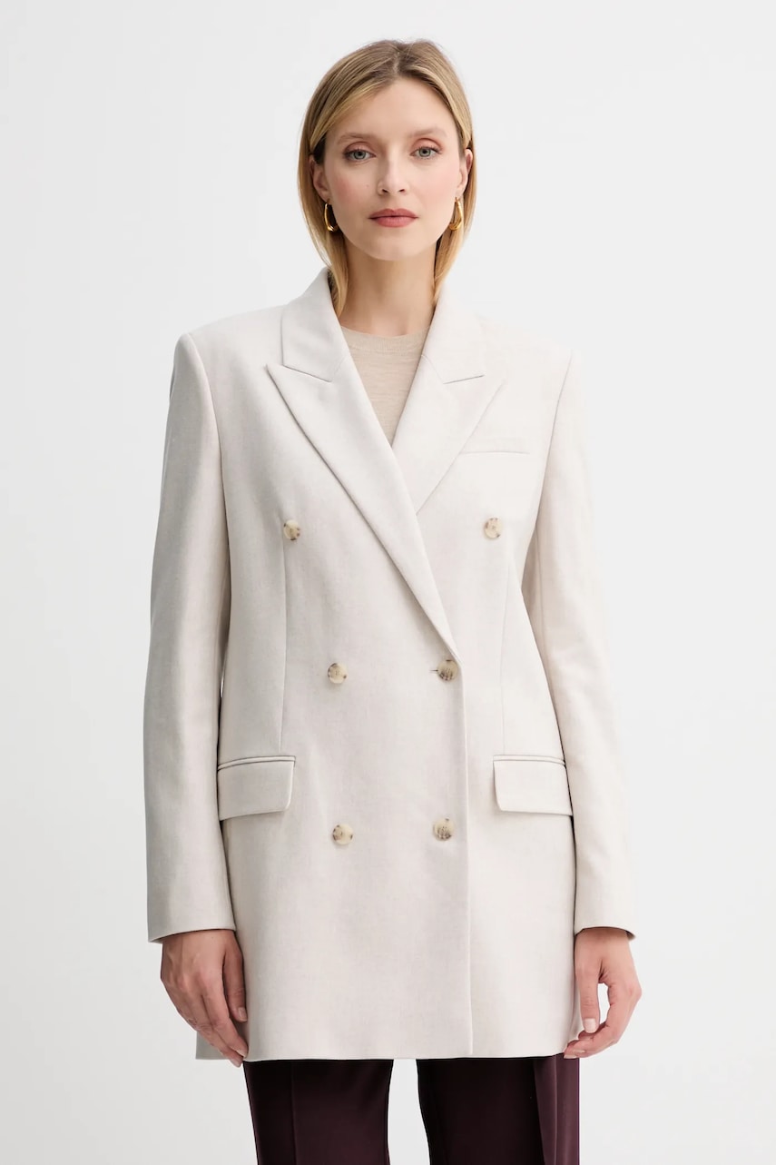 BOSS sacou din lână culoarea bej, cu două rânduri de nasturi, uni, 50548736