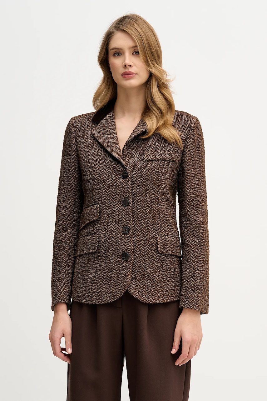 Hoss Intropia jachetă cu lână culoarea maro, un singur rând de nasturi, cu imprimeu, 5472069