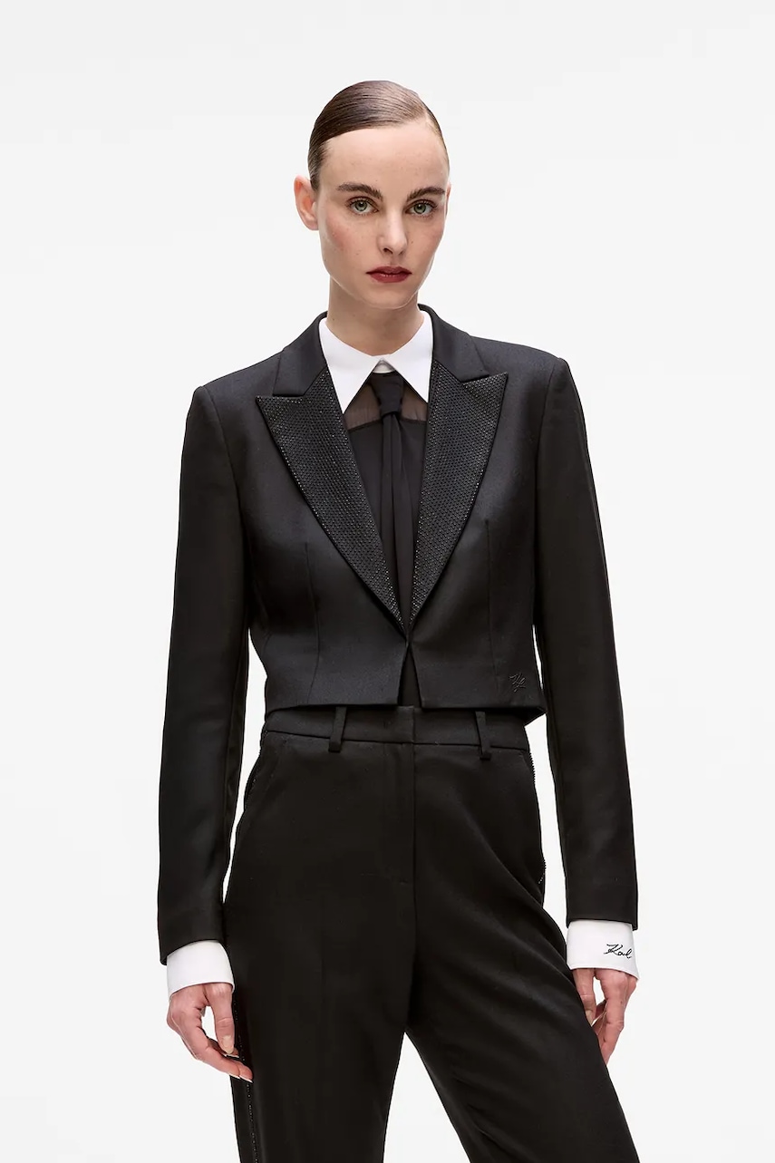 Karl Lagerfeld sacou culoarea negru, un singur rând de nasturi, uni, A4W14047 Karl Lagerfeld sacou culoarea negru, un singur rând de nasturi, uni, A4W14047