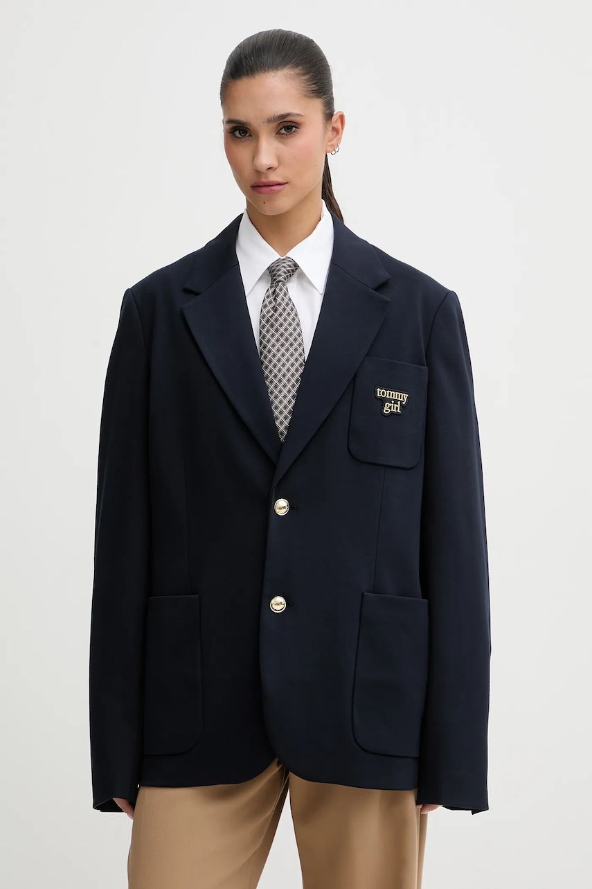 Tommy Jeans sacou culoarea albastru marin, un singur rand de nasturi, neted, DW0DW22495