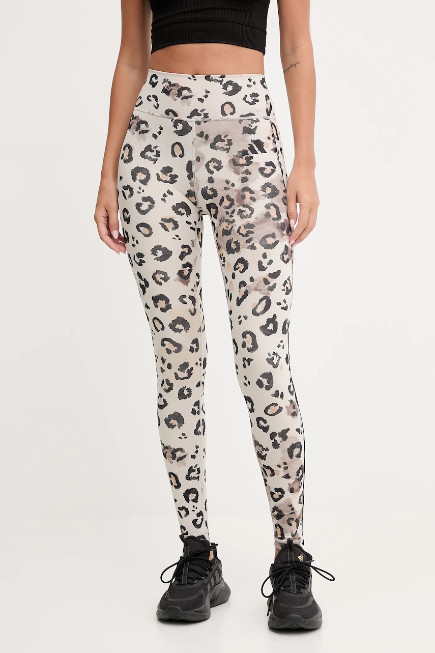Levně Tréninkové legíny adidas Performance Optime Essentials Full Length Leggings Print dámské, béžová barva, JY4606