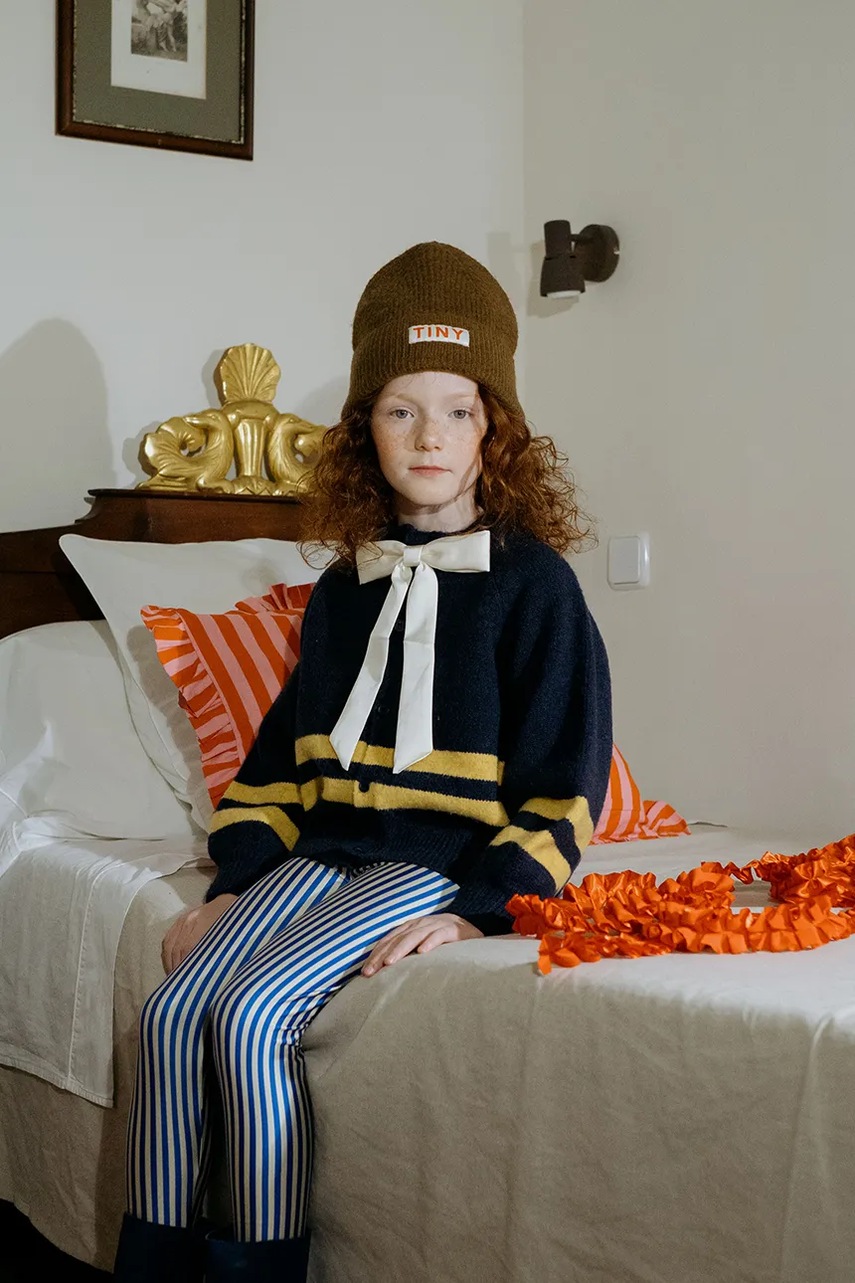Levně Dětské legíny Tinycottons STRIPES SHINY LEGGINGS modrá barva, AW25-331