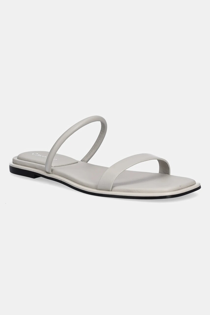 Levně Kožené pantofle Calvin Klein FLAT SANDAL SQUARED 2-BAR LTH dámské, šedá barva, HW0HW02532
