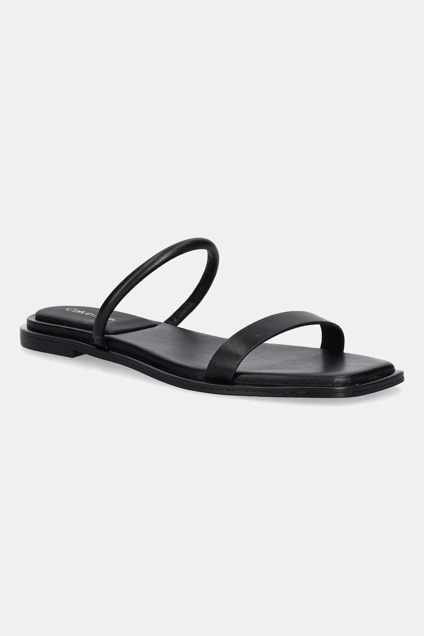 Levně Kožené pantofle Calvin Klein FLAT SANDAL SQUARED 2-BAR LTH dámské, černá barva, HW0HW02532