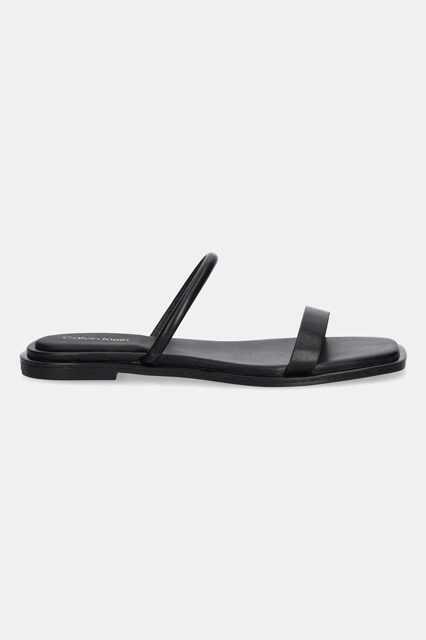 Кожаные шлепанцы Calvin Klein FLAT SANDAL SQUARED 2-BAR LTH цвет чёрный HW0HW02532