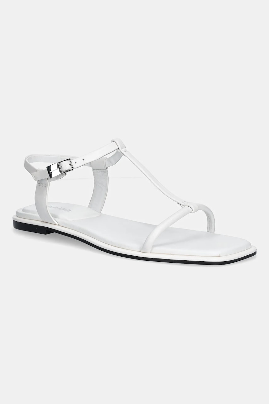 Levně Kožené sandály Calvin Klein FLAT SANDAL SQUARED BUCKLE LTH dámské, bílá barva, HW0HW02556