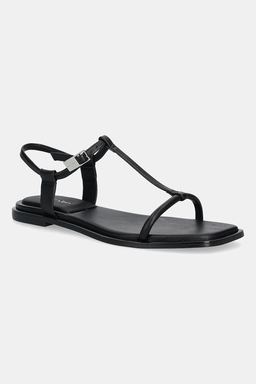 Levně Kožené sandály Calvin Klein FLAT SANDAL SQUARED BUCKLE LTH dámské, černá barva, HW0HW02556