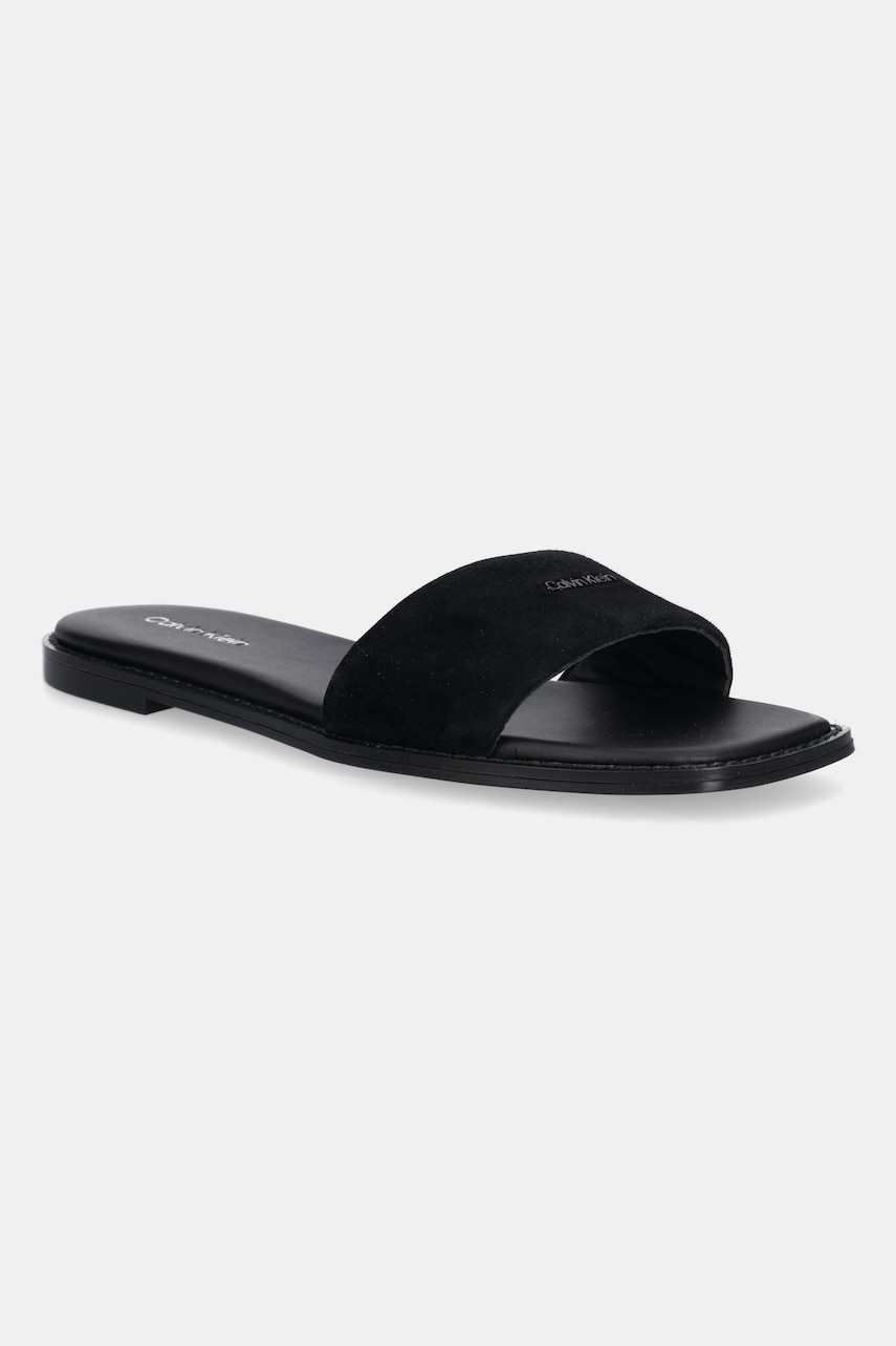 Levně Semišové pantofle Calvin Klein FLAT SANDAL SQUARED HF SUE dámské, černá barva, HW0HW02557