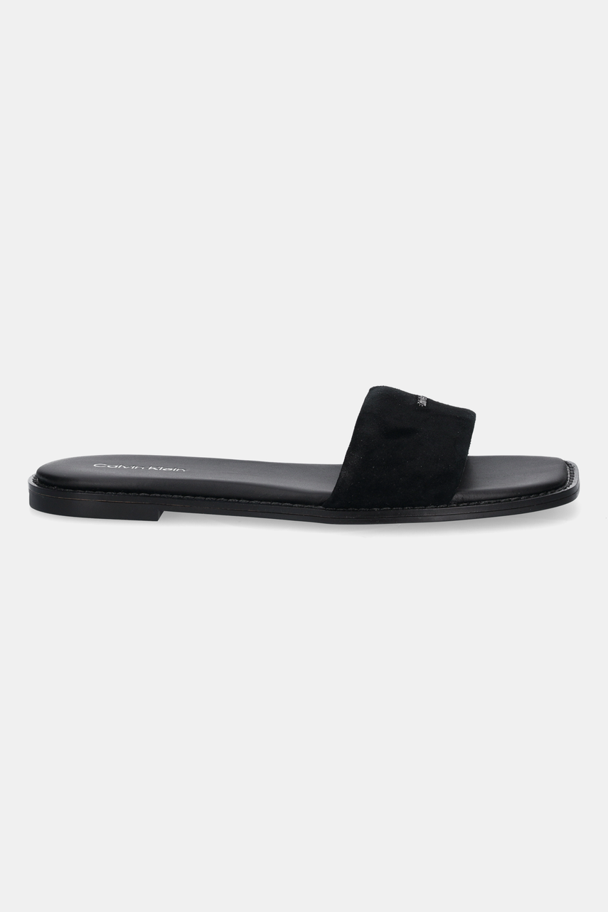 Замшевые шлепанцы Calvin Klein FLAT SANDAL SQUARED HF SUE цвет чёрный HW0HW02557