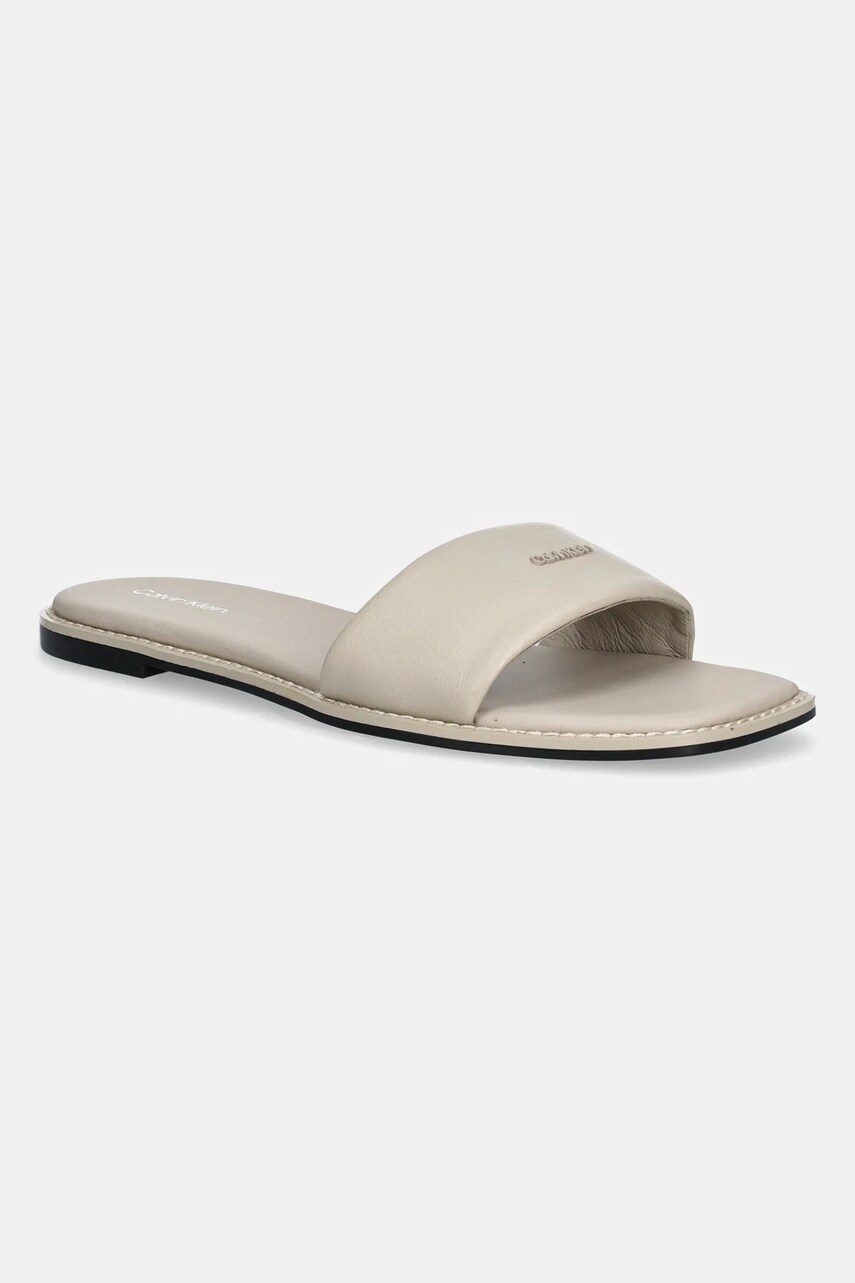 Levně Kožené pantofle Calvin Klein FLAT SANDAL SQUARE HF LTH dámské, béžová barva, HW0HW02652