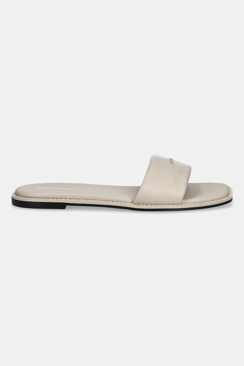 Δερμάτινες παντόφλες Calvin Klein FLAT SANDAL SQUARE HF LTH γυναικείες, χρώμα: μπεζ, HW0HW02652 φωτογραφία