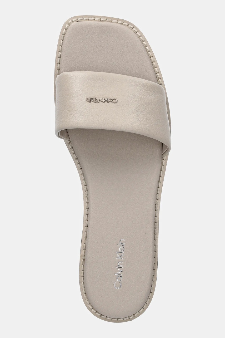 Δερμάτινες παντόφλες Calvin Klein FLAT SANDAL SQUARE HF LTH γυναικείες, χρώμα: μπεζ, HW0HW02652 φωτογραφία