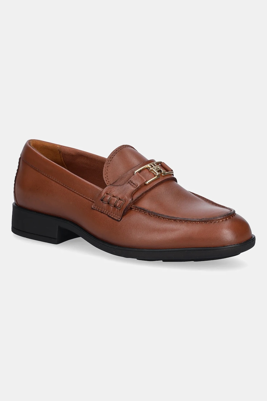 Levně Kožené mokasíny Tommy Hilfiger TH LOGO LEATHER LOAFER dámské, hnědá barva, na plochém podpatku, FW0FW08705