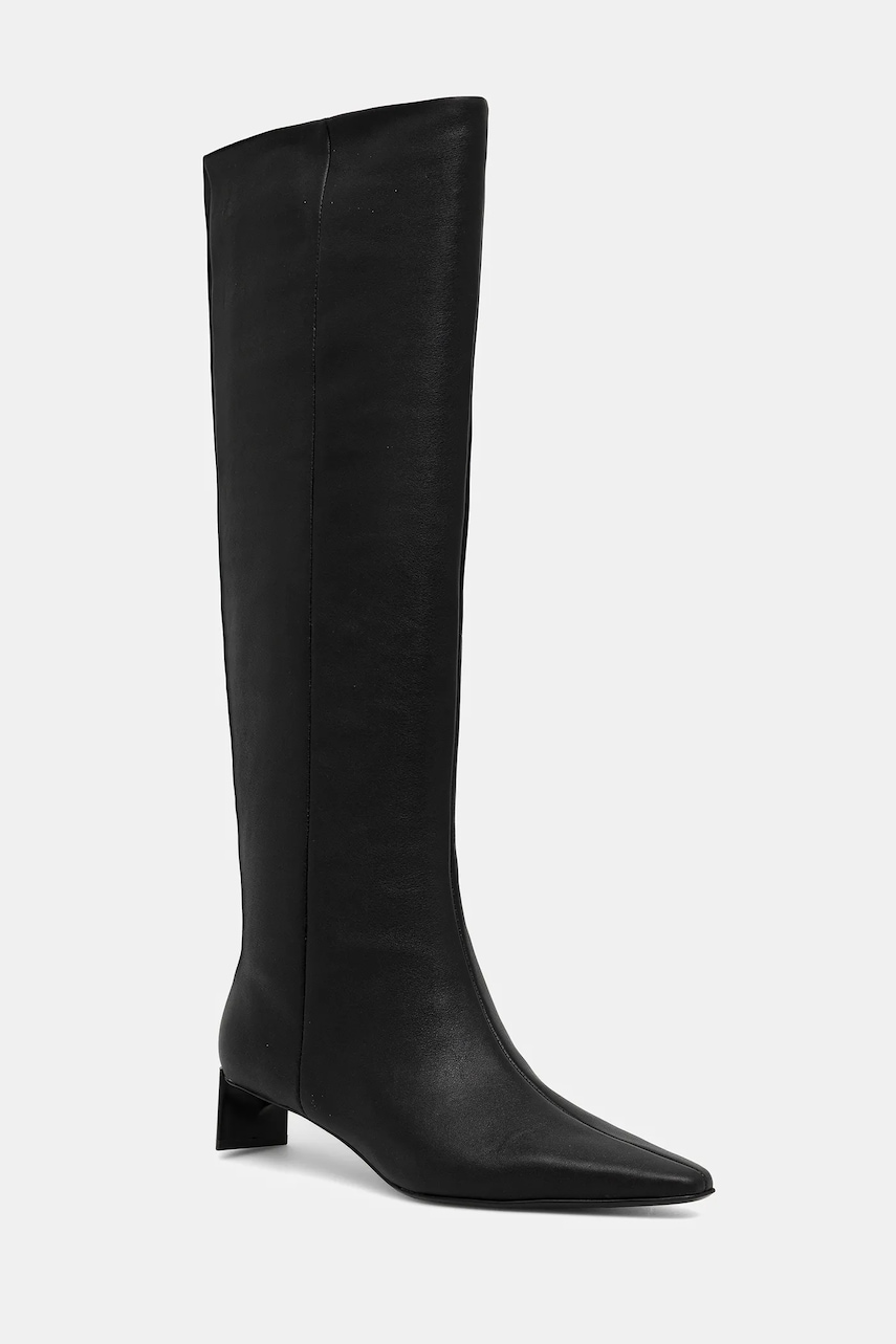 Levně Kožené kozačky Calvin Klein SET BACK KITTEN HEEL KNEE BOOT dámské, černá barva, na podpatku, HW0HW02587