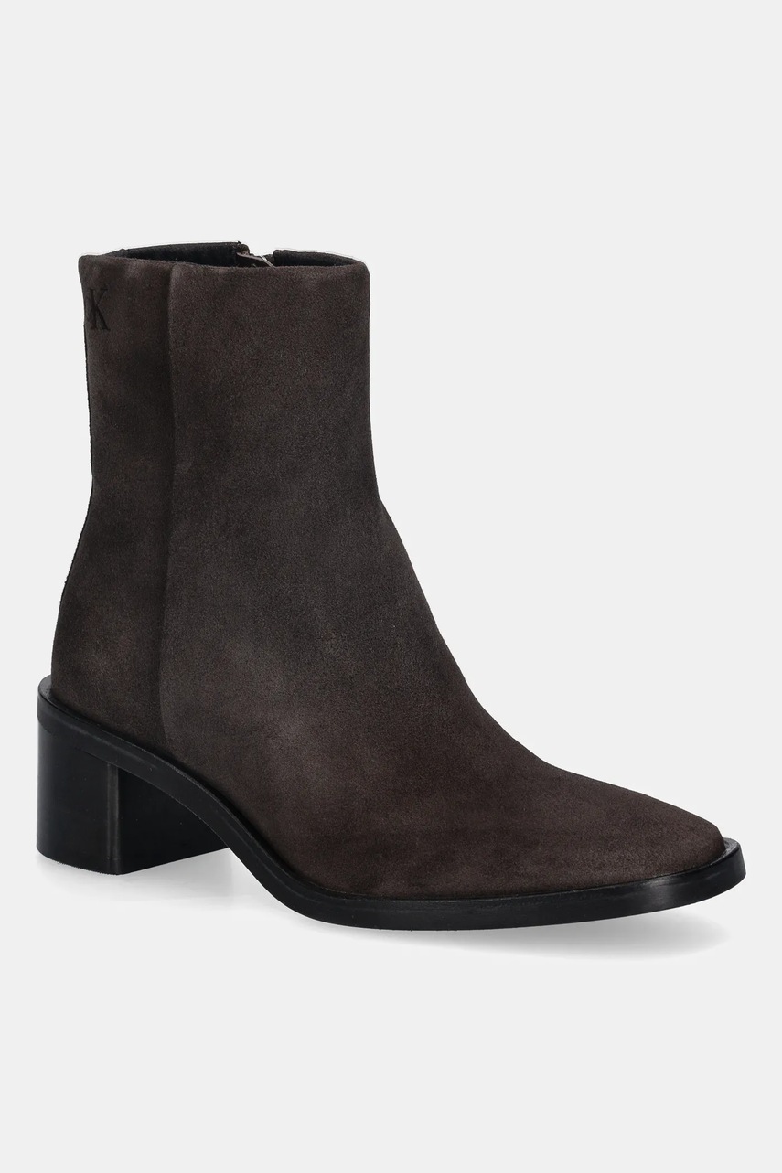 Levně Semišové boty Calvin Klein BLOCK HEEL ZIP BOOT SUE dámské, hnědá barva, na podpatku, HW0HW02592