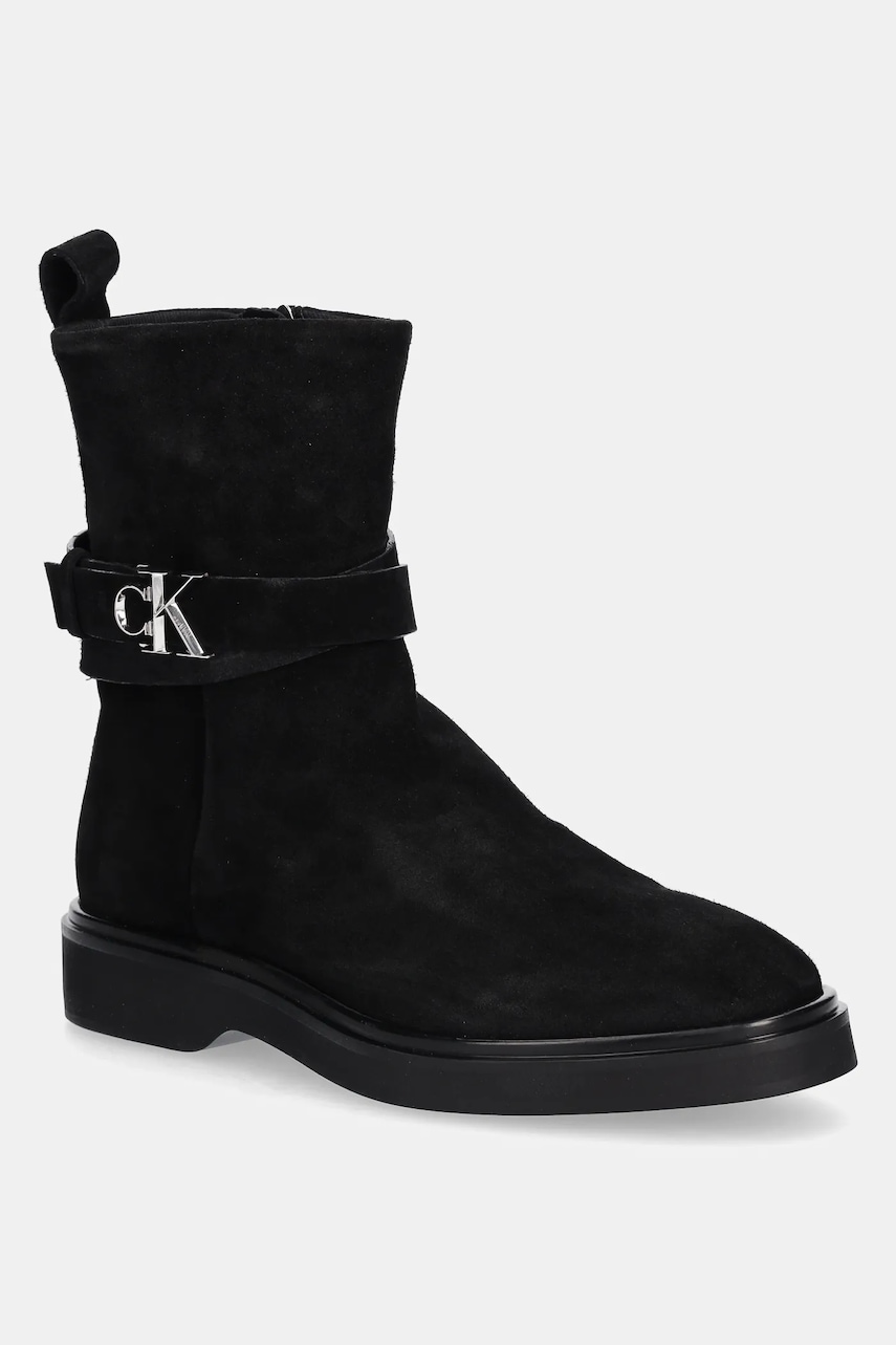 Levně Semišové boty Calvin Klein ANKLE BOOT W/ METAL LOGO SUE dámské, černá barva, na plochém podpatku, HW0HW02664