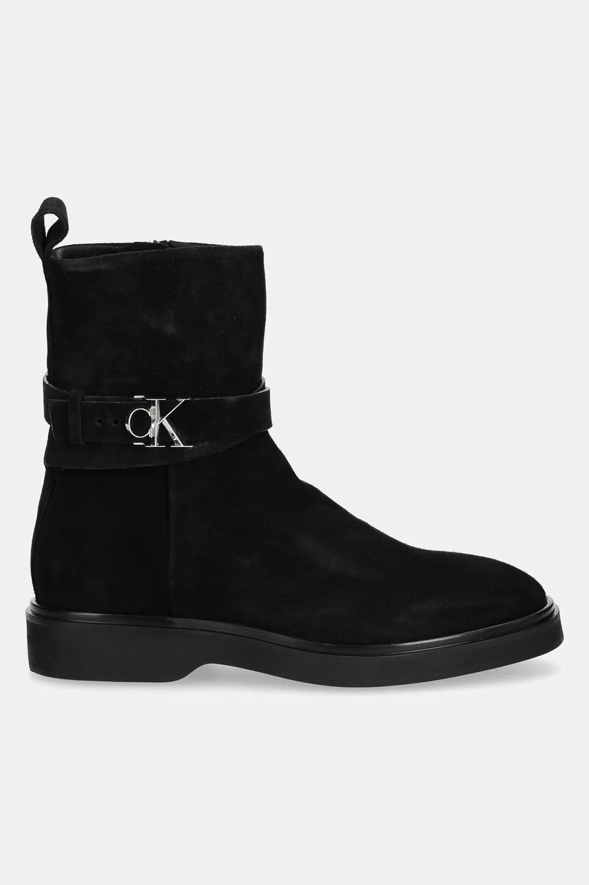 Замшевые ботинки Calvin Klein ANKLE BOOT W/ METAL LOGO SUE цвет чёрный на плоском ходу HW0HW02664