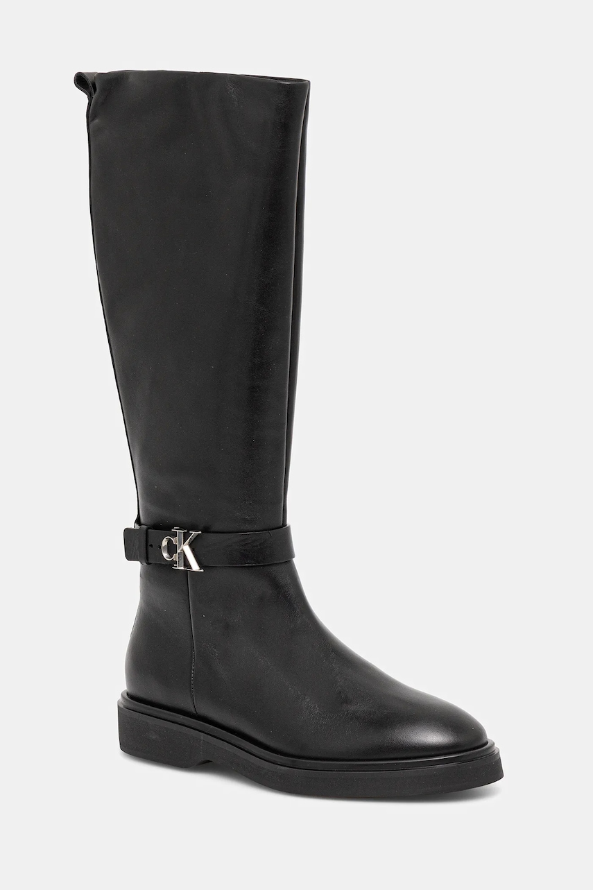 Levně Kožené kozačky Calvin Klein KNEE BOOT W/ METAL LOGO dámské, černá barva, na plochém podpatku, HW0HW02665