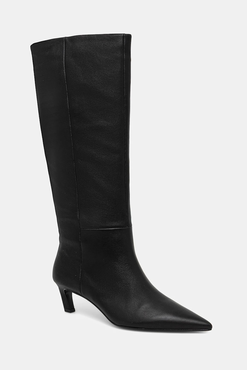 Kožené kozačky Calvin Klein ESS KITTEN HEEL LONG BOOTS dámské, černá barva, na podpatku, HW0HW02690
