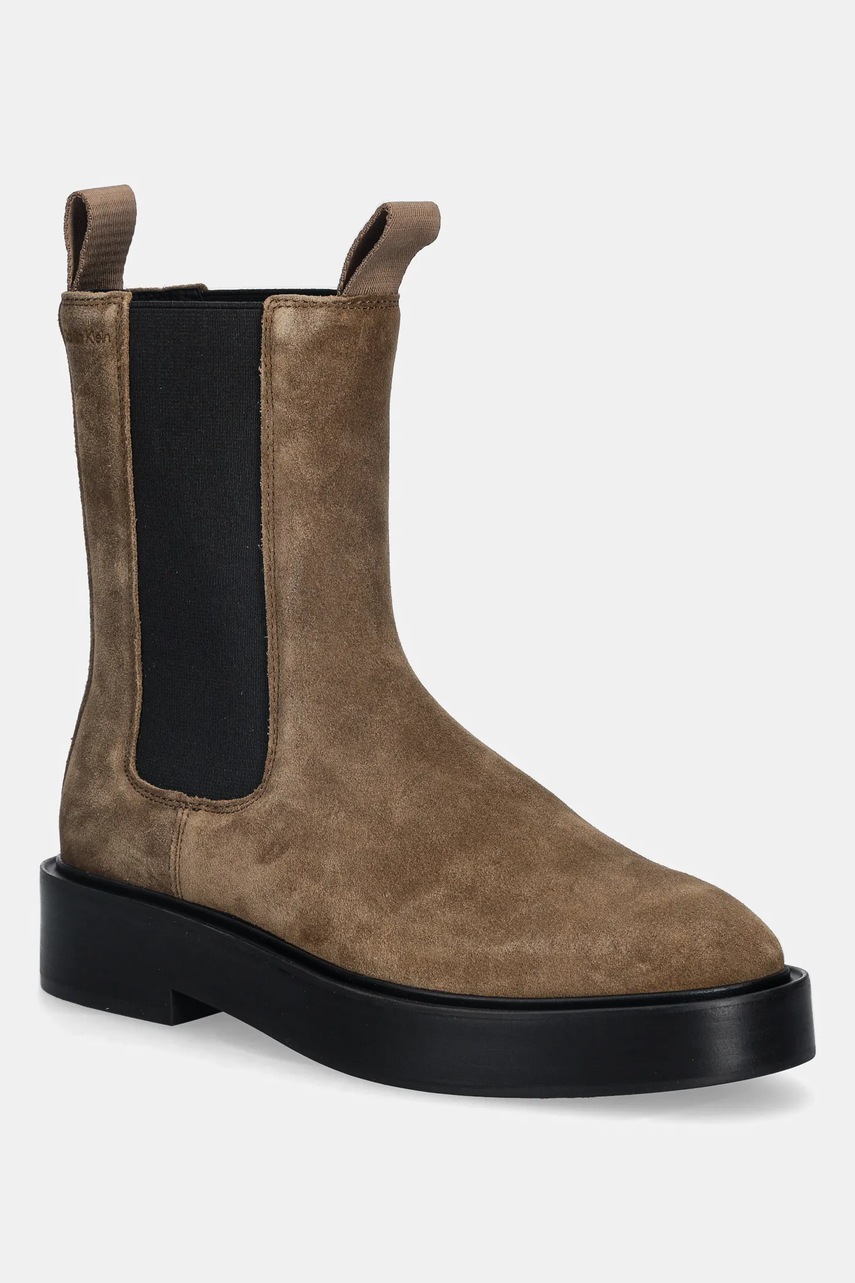 Σουέτ μπότες τσέλσι Calvin Klein CONVAVE WELT CHESEA SUEDE γυναικείες, χρώμα: καφέ, YW0YW01969