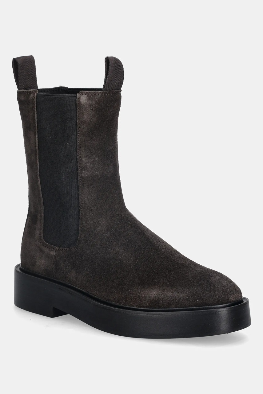 Levně Semišové kotníkové boty Calvin Klein CONVAVE WELT CHESEA SUEDE dámské, hnědá barva, na plochém podpatku, YW0YW01969