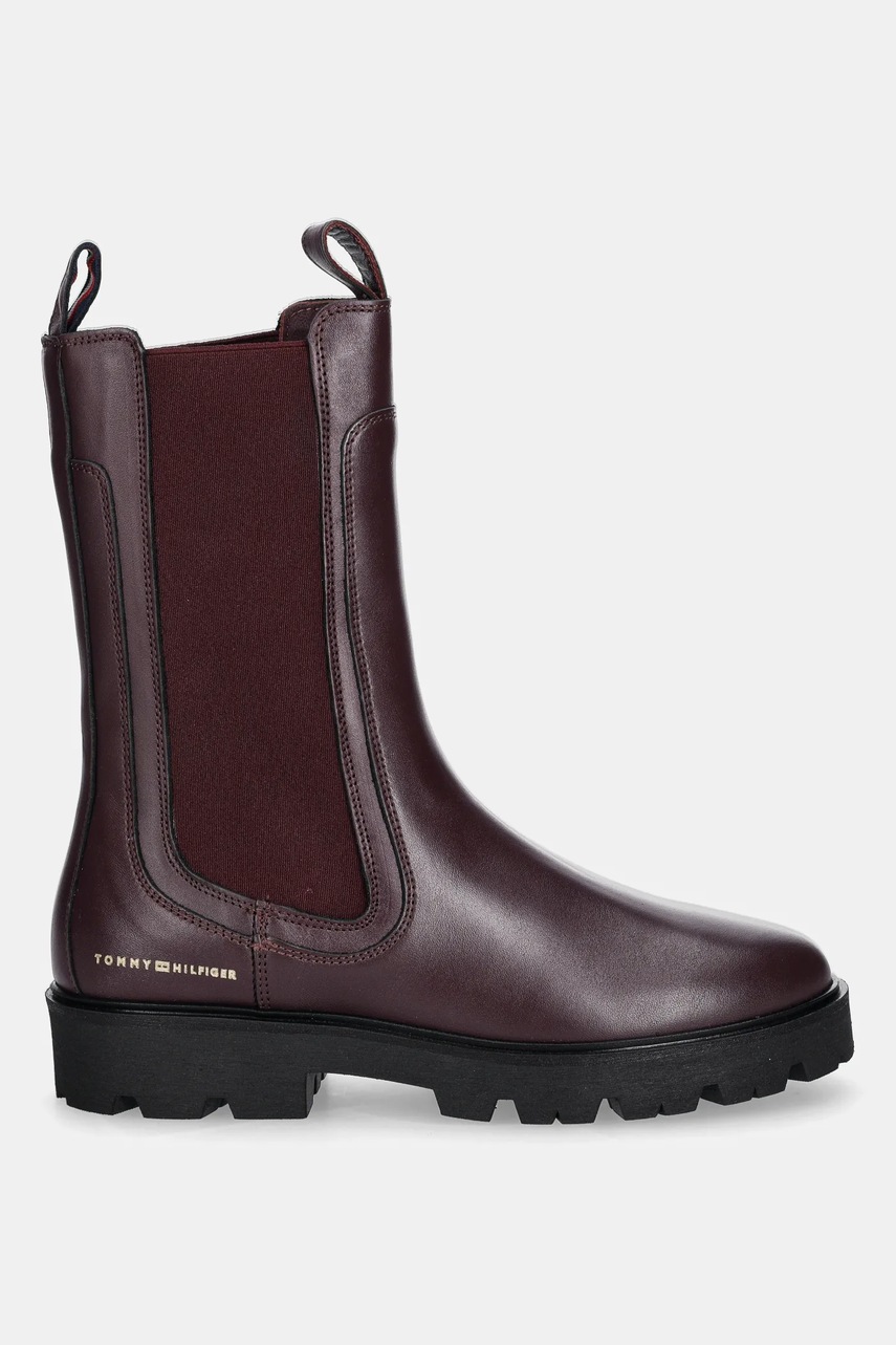 Кожаные полусапоги Tommy Hilfiger TH LTHR MID CHELSEA цвет бордовый на плоском ходу FW0FW08770