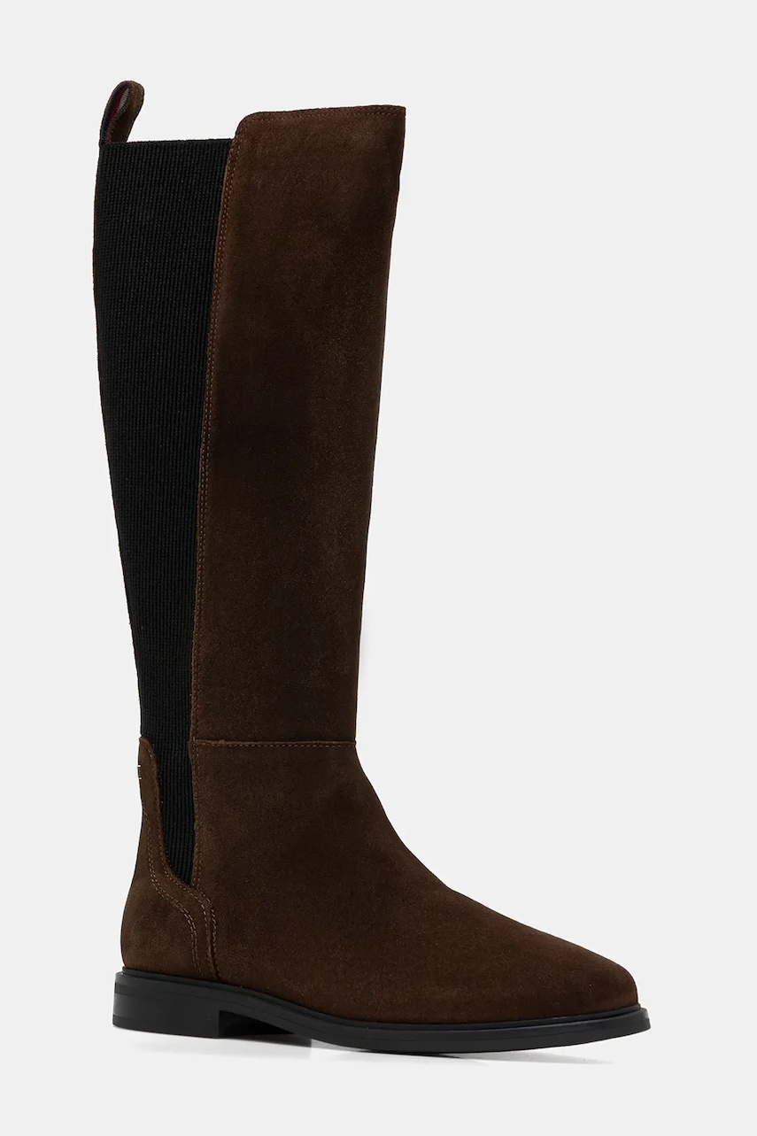 Levně Semišové boty Tommy Hilfiger FLAG SUEDE LONG BOOT dámské, hnědá barva, na plochém podpatku, FW0FW08779