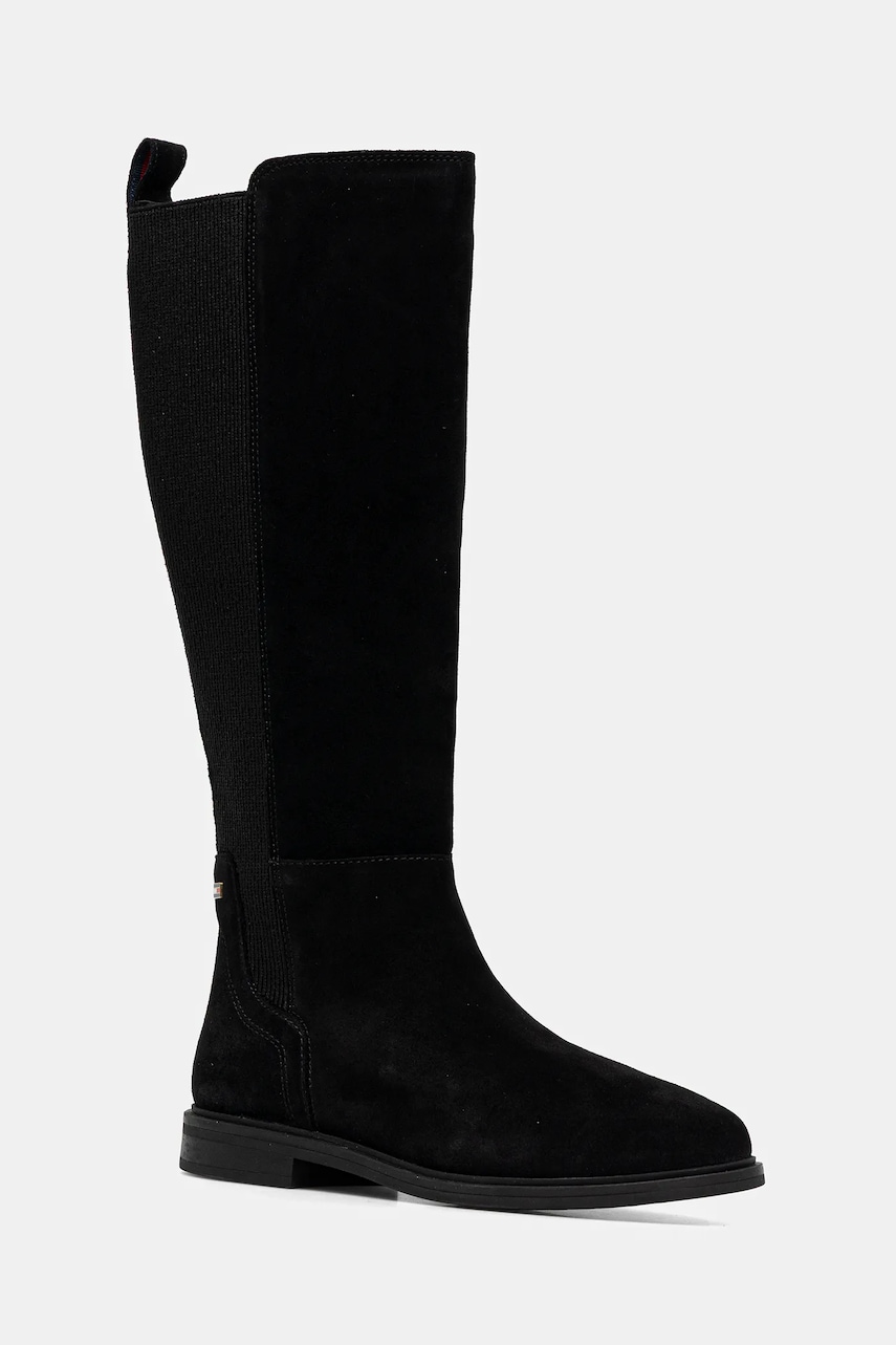 Levně Semišové boty Tommy Hilfiger FLAG SUEDE LONG BOOT dámské, černá barva, na plochém podpatku, FW0FW08779
