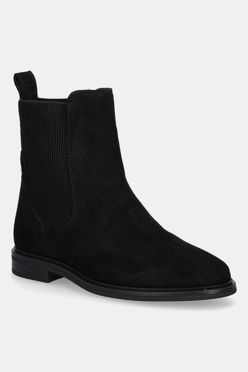 Levně Semišové kotníkové boty Tommy Hilfiger FLAG SUEDE CHELSEA BOOT dámské, černá barva, na plochém podpatku, FW0FW08780